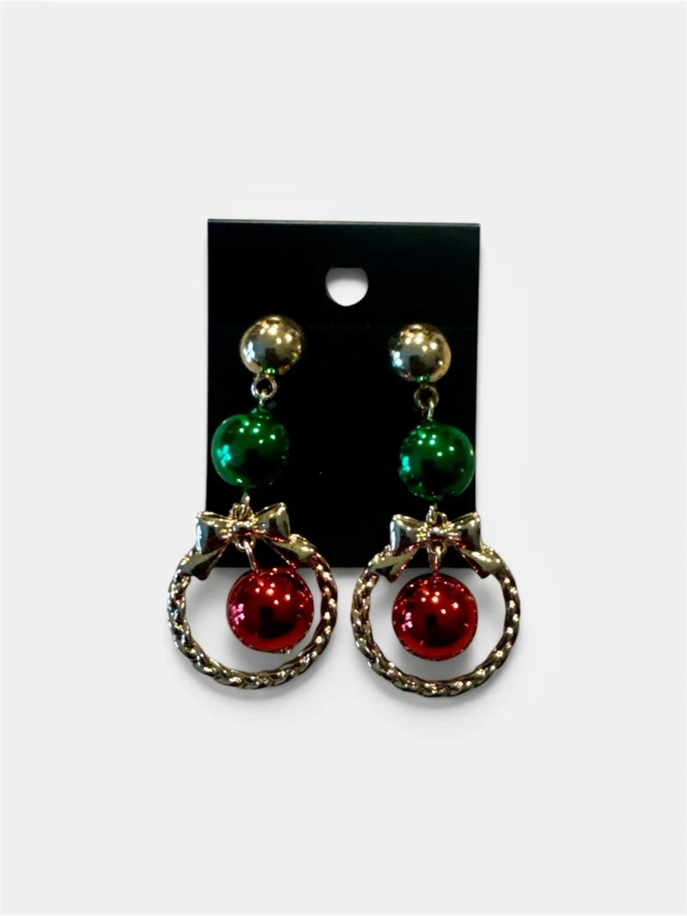 Festive Bow Drop Earrings with Green and Red Ornaments
